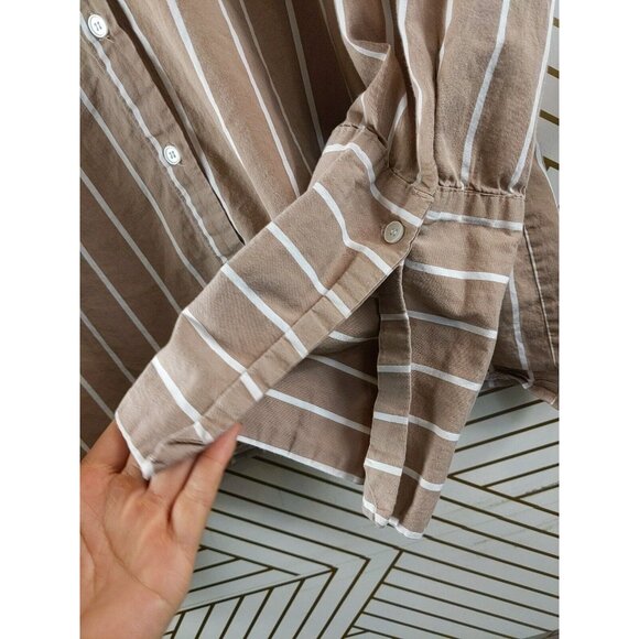 OAK FORT Women's Tan White Striped Button Up Blouse Flare Sleeve Size OS - Picture 6 of 9